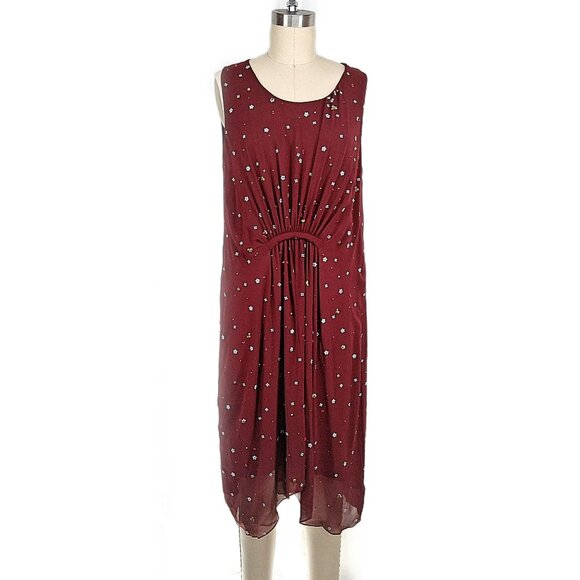 Megan Park Silk Hand Painted Beaded Burgundy Midi Dress Indian Artisan Work 2 - Picture 1 of 10